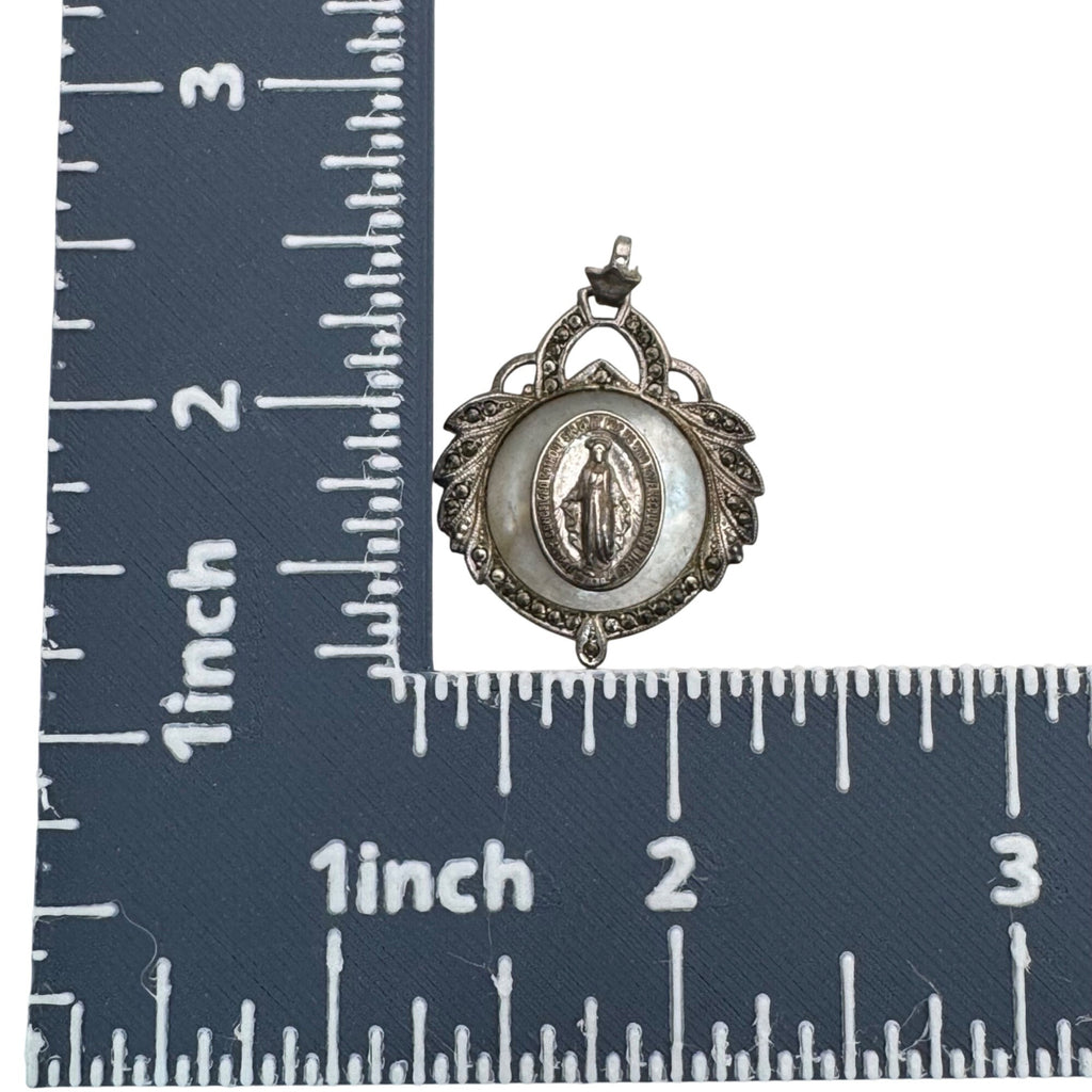 Miraculous Mary Medal Pendant Mother Of Pearl Marcasite Inlay Sterling Silver