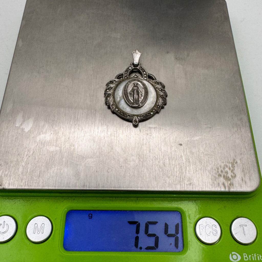 Miraculous Mary Medal Pendant Mother Of Pearl Marcasite Inlay Sterling Silver