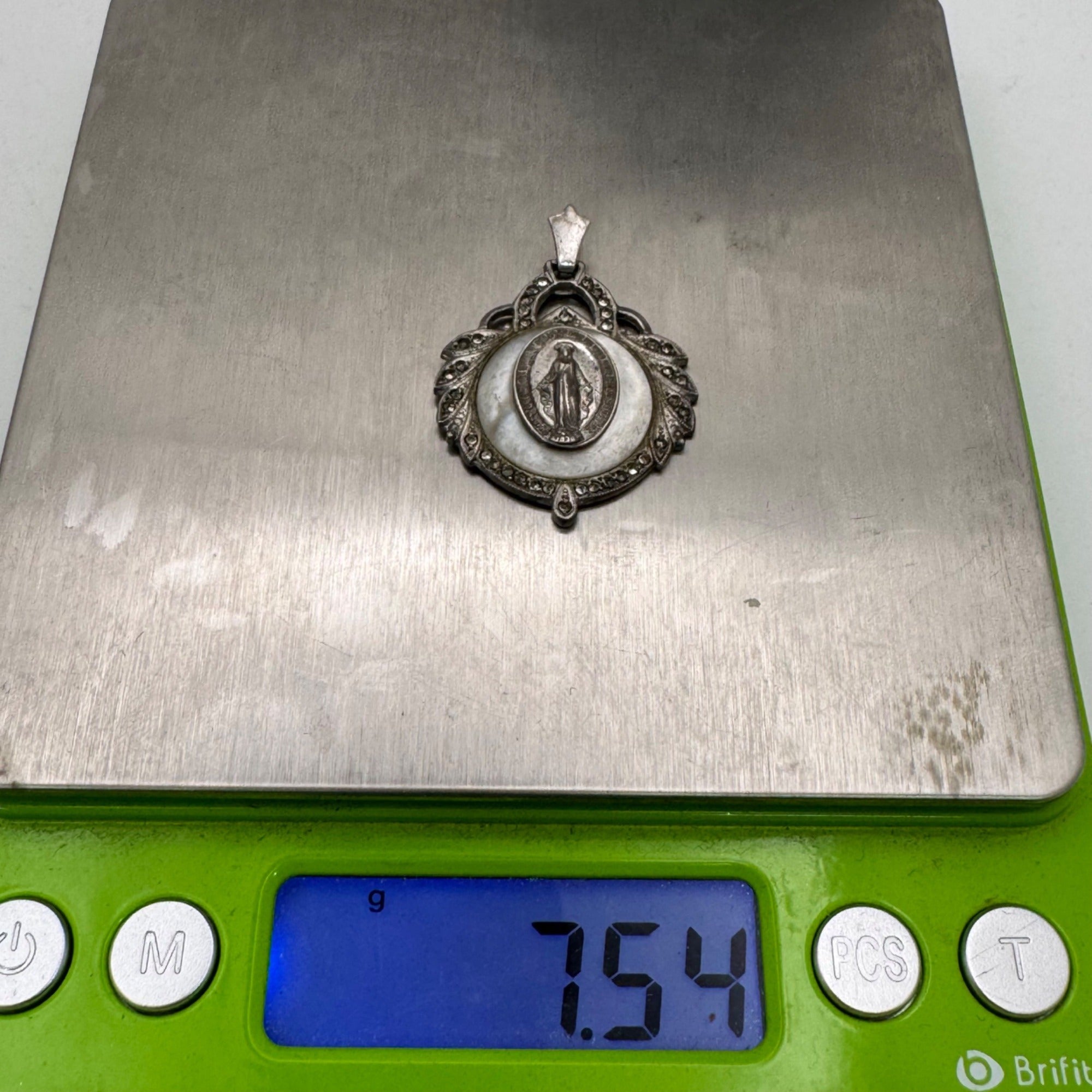 Miraculous Mary Medal Pendant Mother Of Pearl Marcasite Inlay Sterling Silver