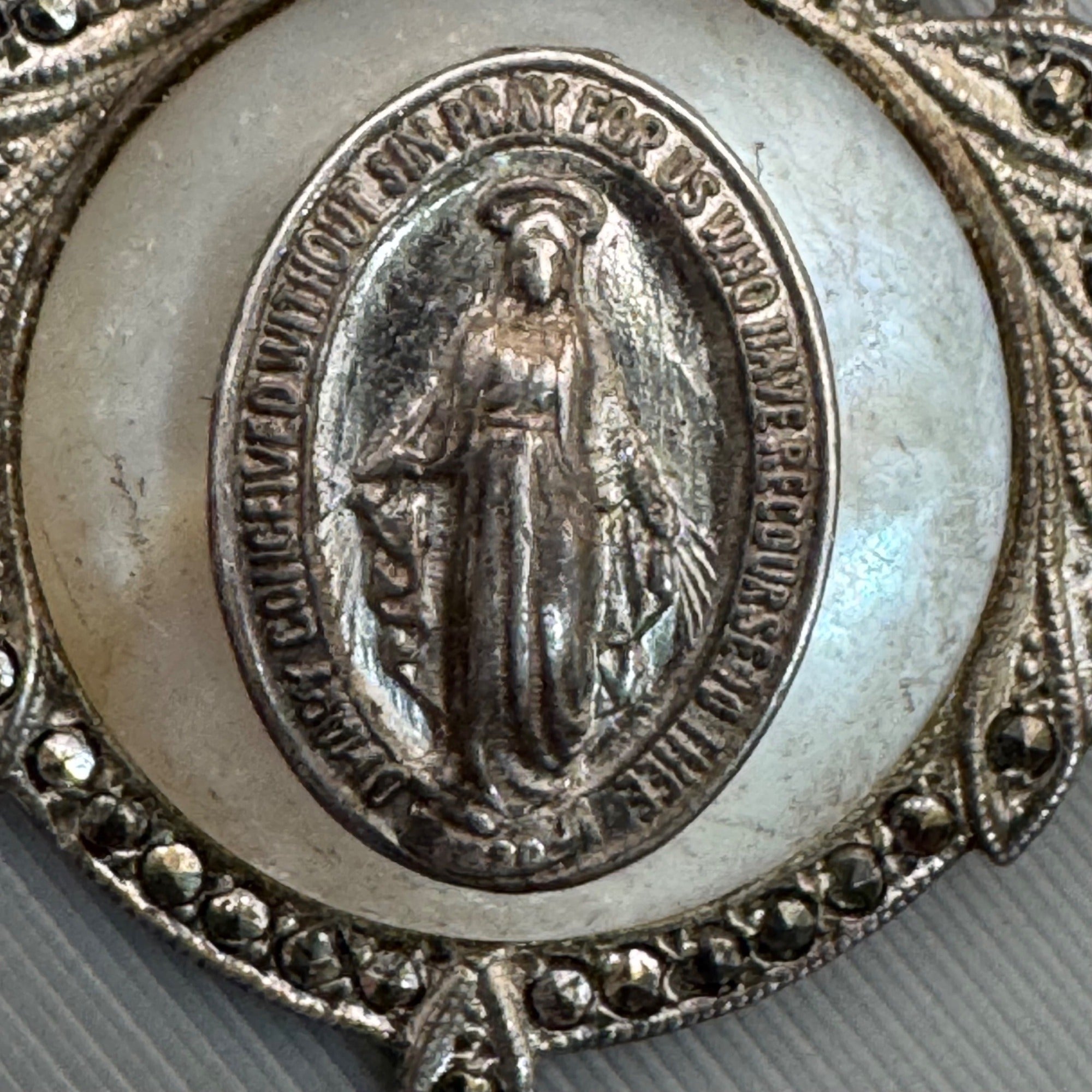 Miraculous Mary Medal Pendant Mother Of Pearl Marcasite Inlay Sterling Silver