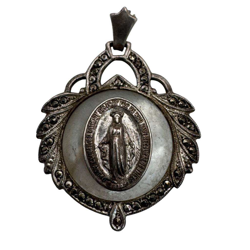 Miraculous Mary Medal Pendant Mother Of Pearl Marcasite Inlay Sterling Silver