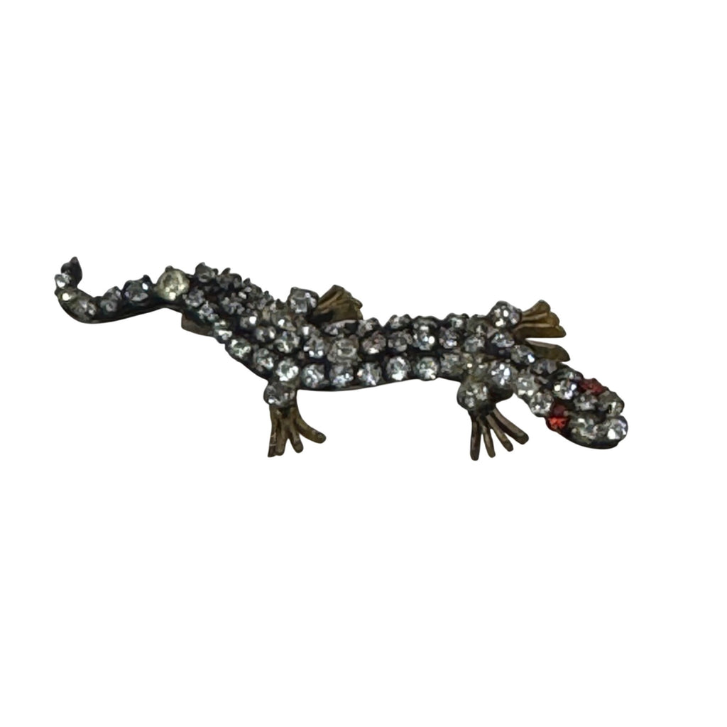 Vintage Czech Rhinestone Salamander Lizard Brooch Pin 1.5” Red Glass Stones READ