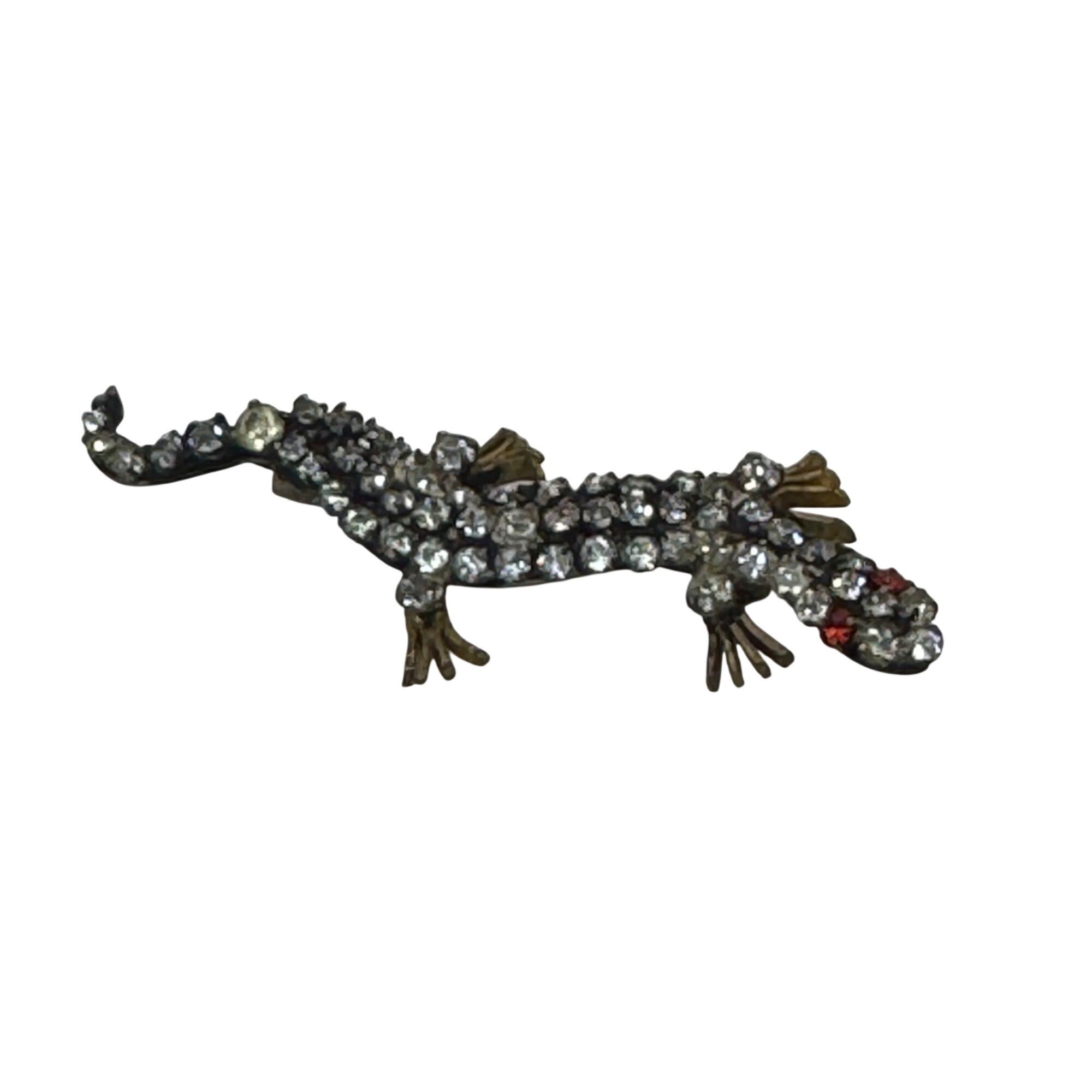 Vintage Czech Rhinestone Salamander Lizard Brooch Pin 1.5” Red Glass Stones READ