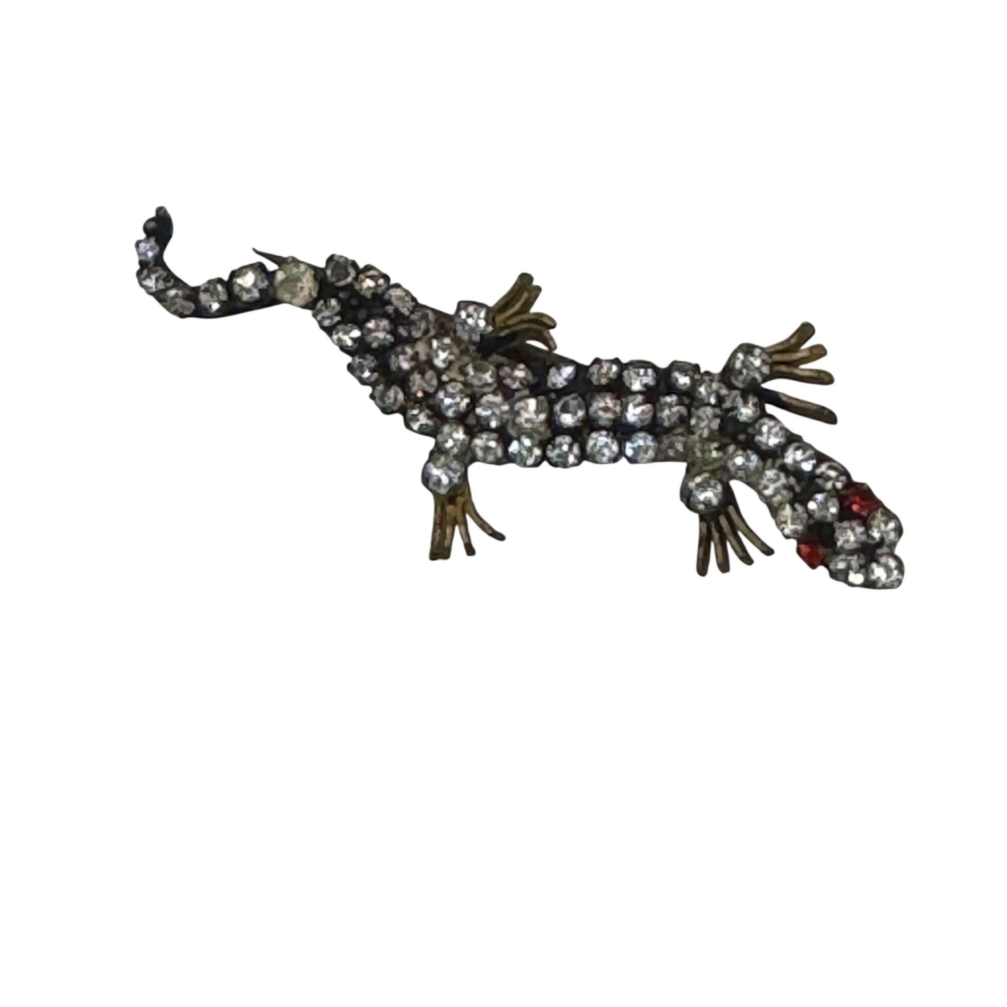 Vintage Czech Rhinestone Salamander Lizard Brooch Pin 1.5” Red Glass Stones READ
