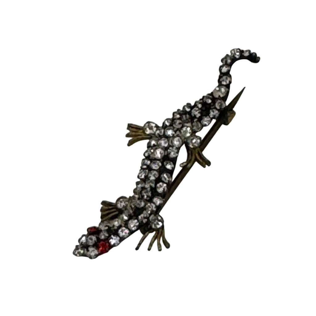 Vintage Czech Rhinestone Salamander Lizard Brooch Pin 1.5” Red Glass Stones READ