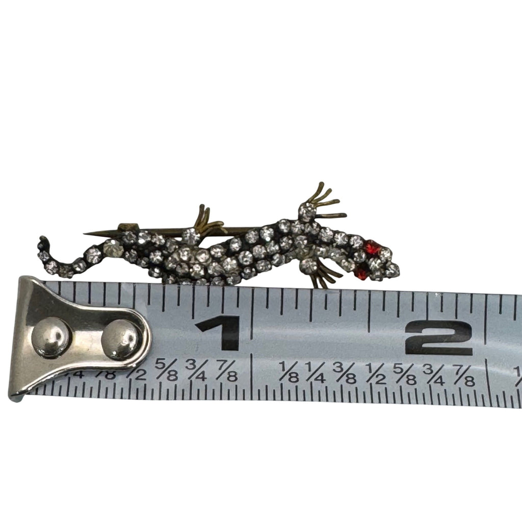 Vintage Czech Rhinestone Salamander Lizard Brooch Pin 1.5” Red Glass Stones READ