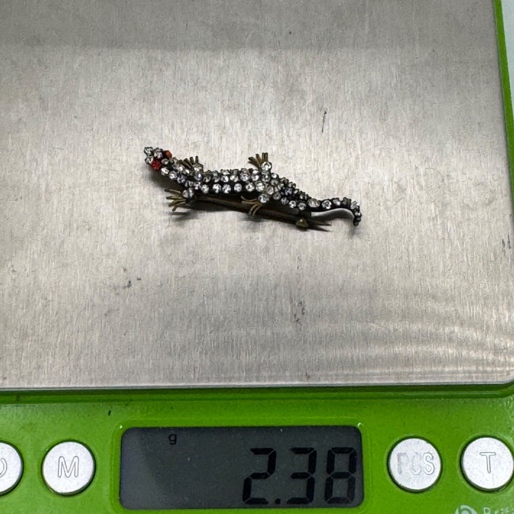 Vintage Czech Rhinestone Salamander Lizard Brooch Pin 1.5” Red Glass Stones READ