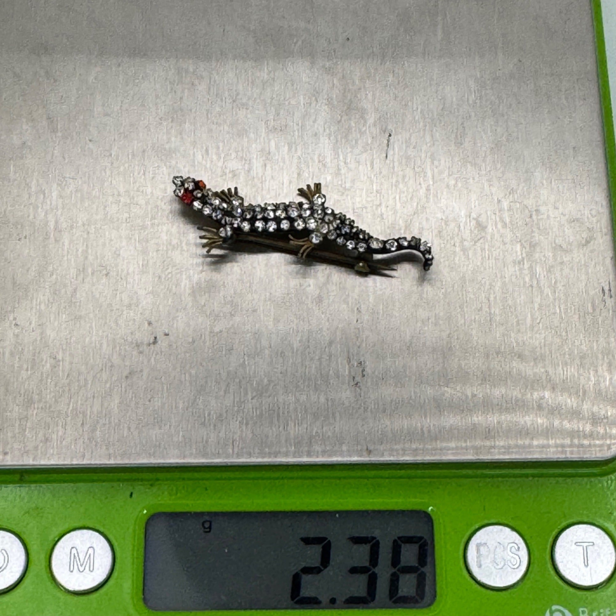 Vintage Czech Rhinestone Salamander Lizard Brooch Pin 1.5” Red Glass Stones READ