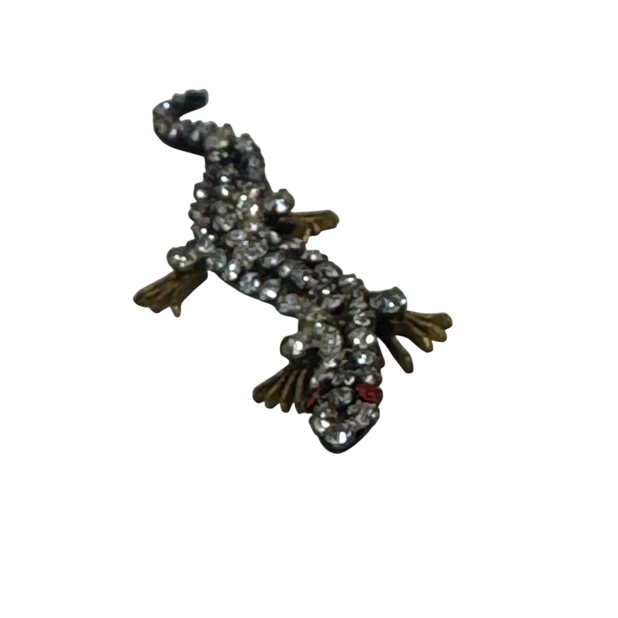 Vintage Czech Rhinestone Salamander Lizard Brooch Pin 1.5” Red Glass Stones READ
