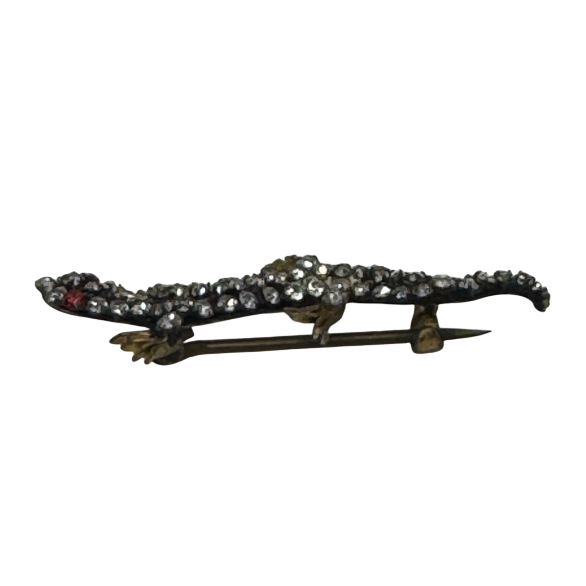 Vintage Czech Rhinestone Salamander Lizard Brooch Pin 1.5” Red Glass Stones READ