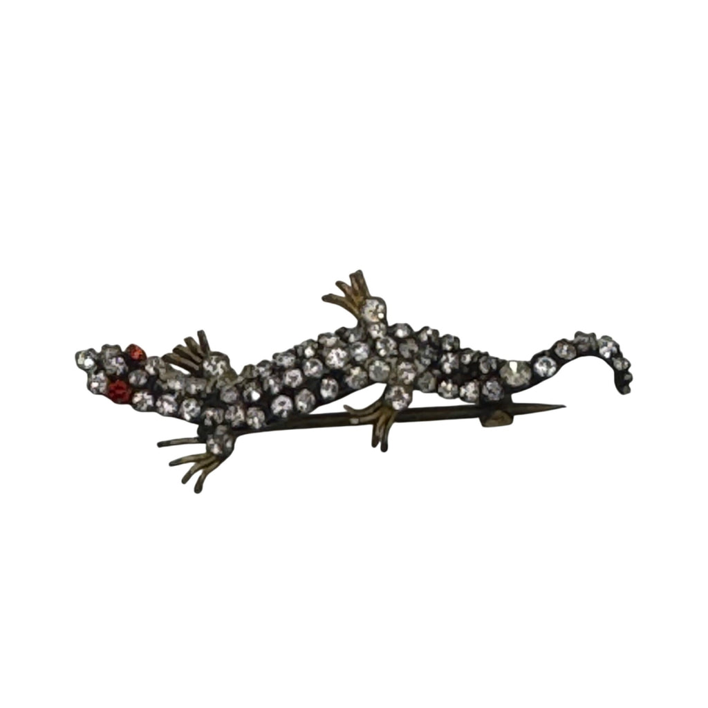 Vintage Czech Rhinestone Salamander Lizard Brooch Pin 1.5” Red Glass Stones READ