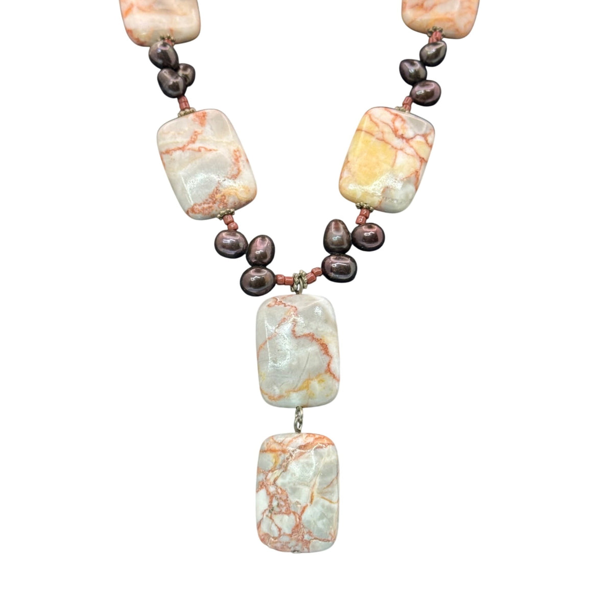Agate Stone Natural Black Pearl Pendant Necklace Y Drop Sterling Clasp Vintage