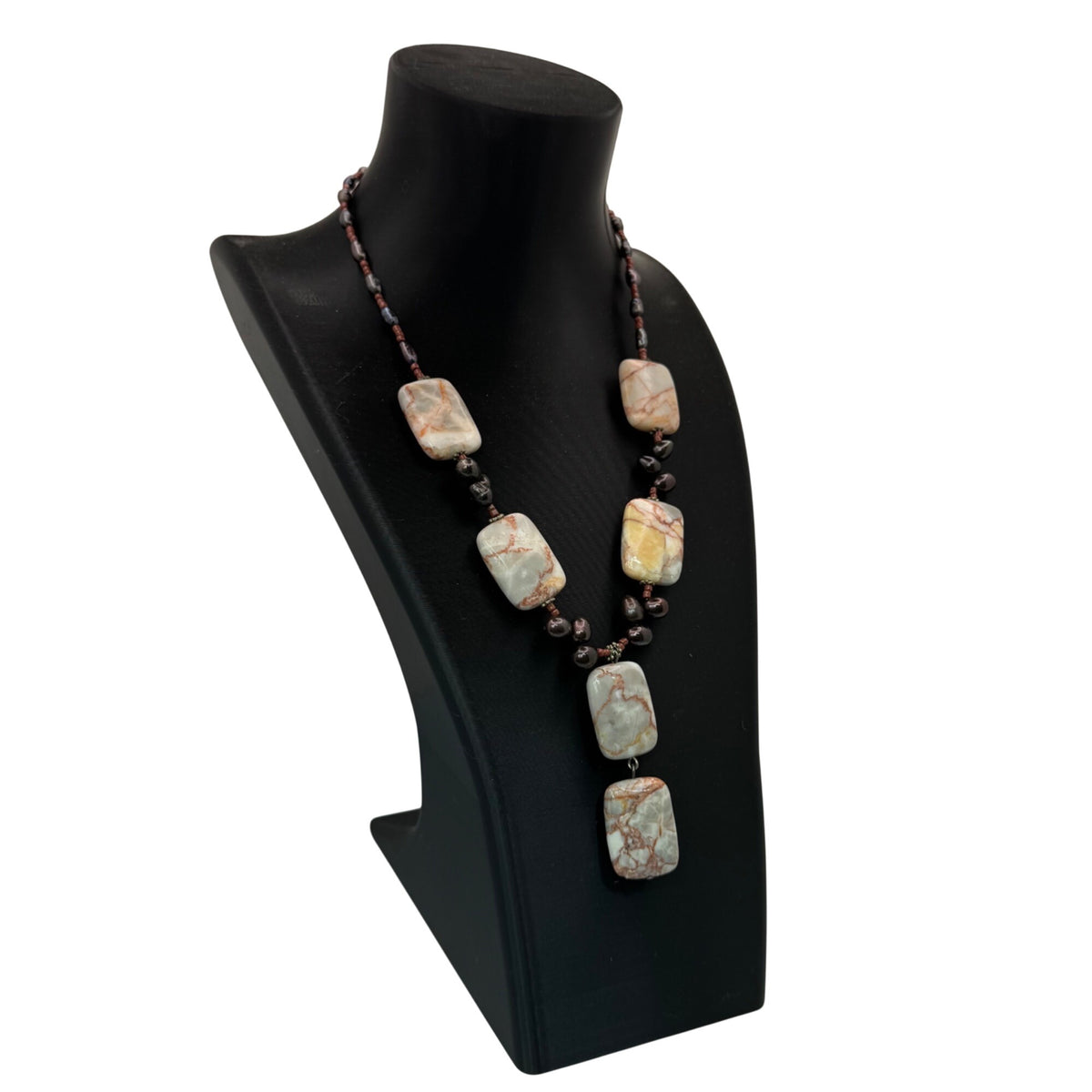 Agate Stone Natural Black Pearl Pendant Necklace Y Drop Sterling Clasp Vintage