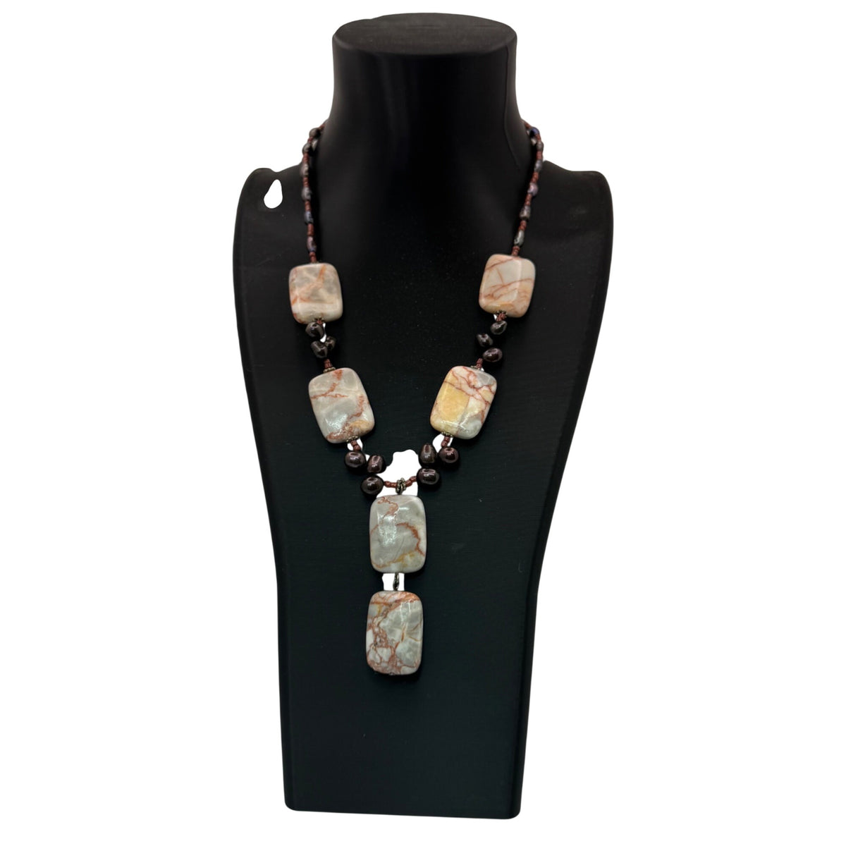 Agate Stone Natural Black Pearl Pendant Necklace Y Drop Sterling Clasp Vintage