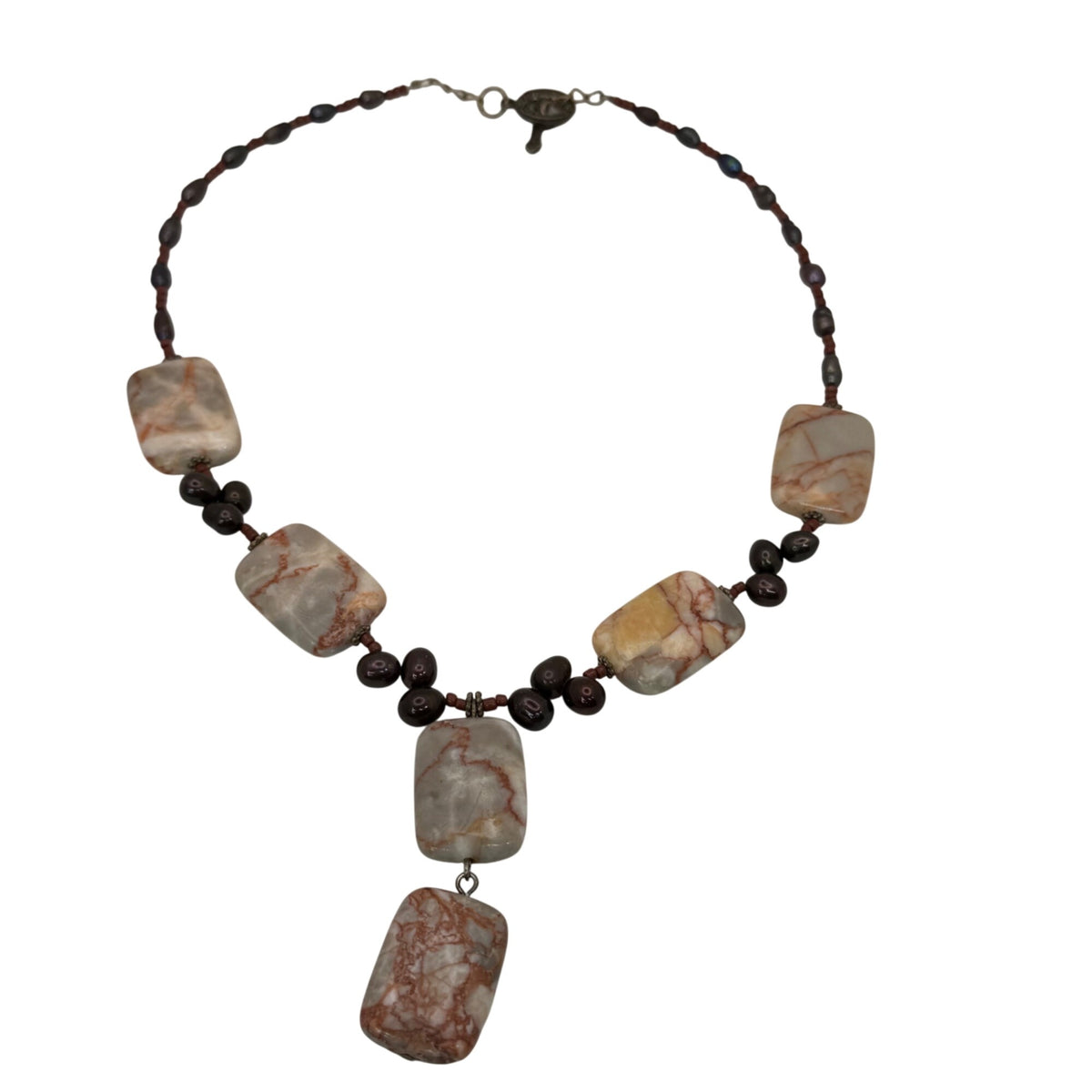 Agate Stone Natural Black Pearl Pendant Necklace Y Drop Sterling Clasp Vintage