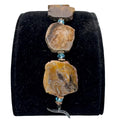 Vtg Petrified Wood Slab Panel Blue Crystal Bracelet Sterling Silver Leaf Clasp