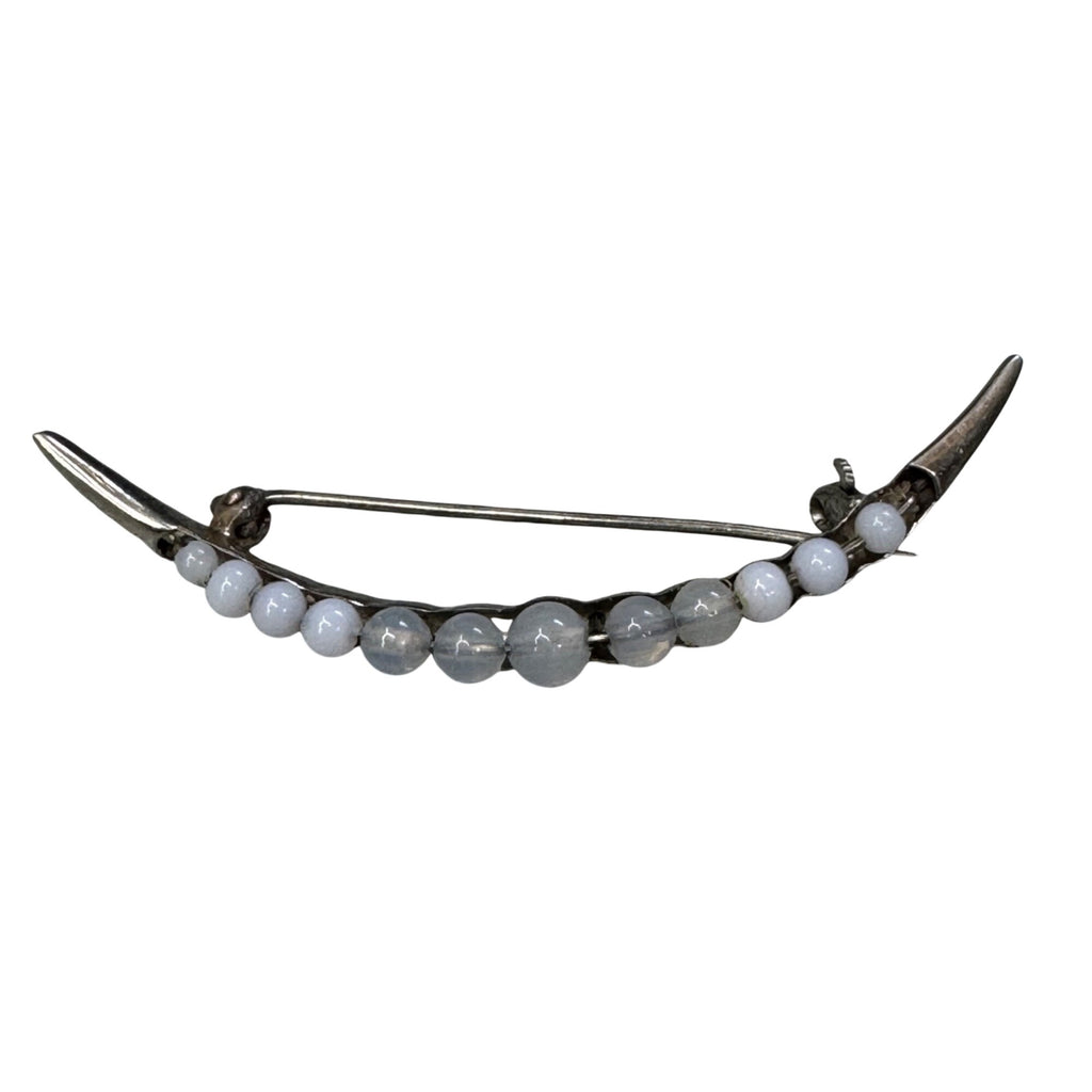 10K White Gold Crescent Moon Pin Brooch White Pearl Beads 1.7 Grams 2"  Vintage