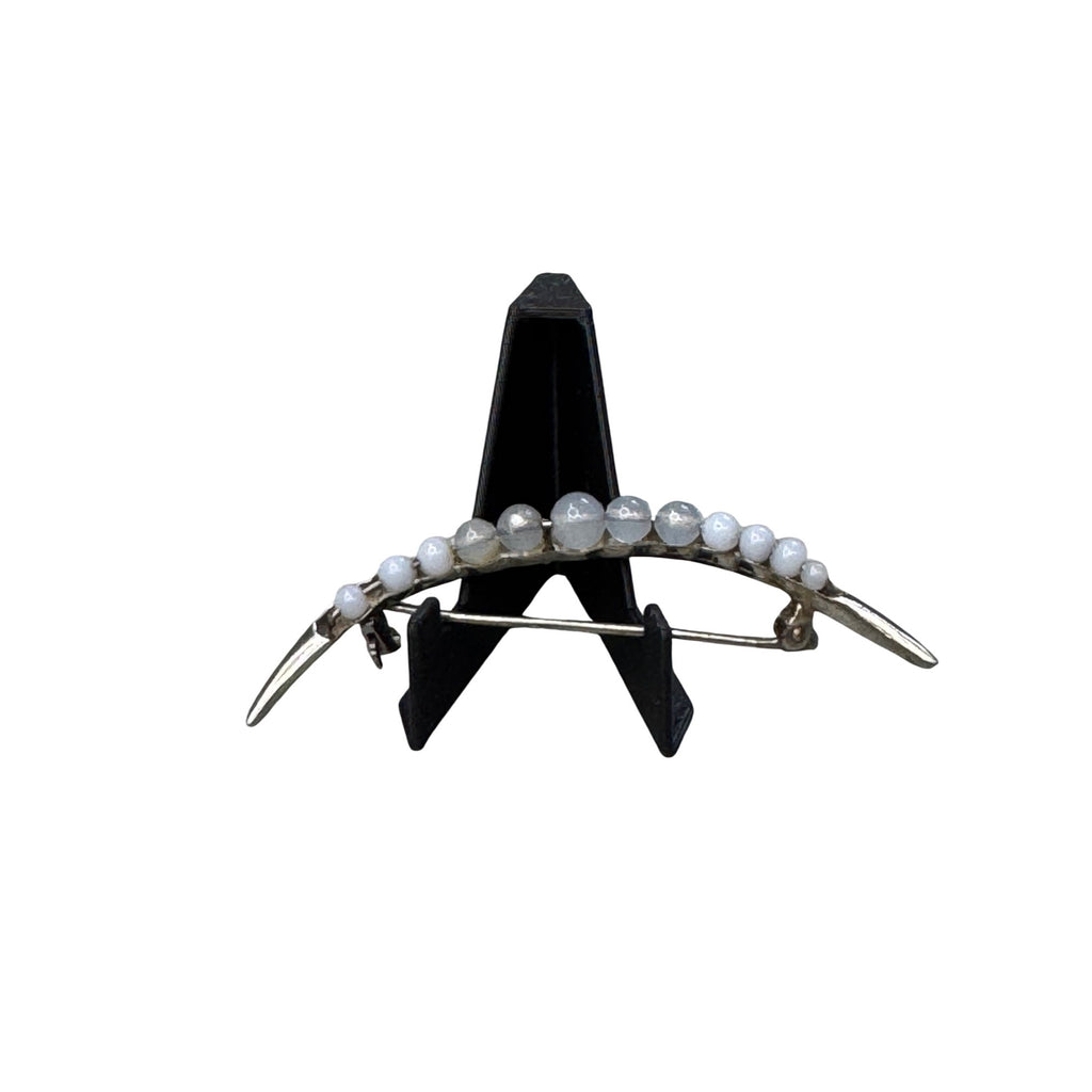 10K White Gold Crescent Moon Pin Brooch White Pearl Beads 1.7 Grams 2"  Vintage
