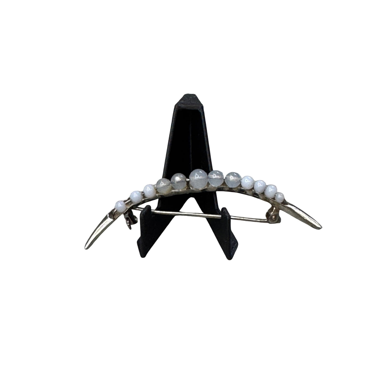 10K White Gold Crescent Moon Pin Brooch White Pearl Beads 1.7 Grams 2"  Vintage