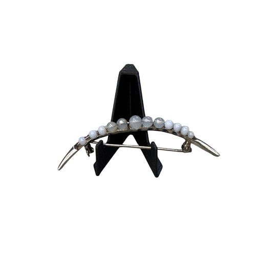 10K White Gold Crescent Moon Pin Brooch White Pearl Beads 1.7 Grams 2"  Vintage