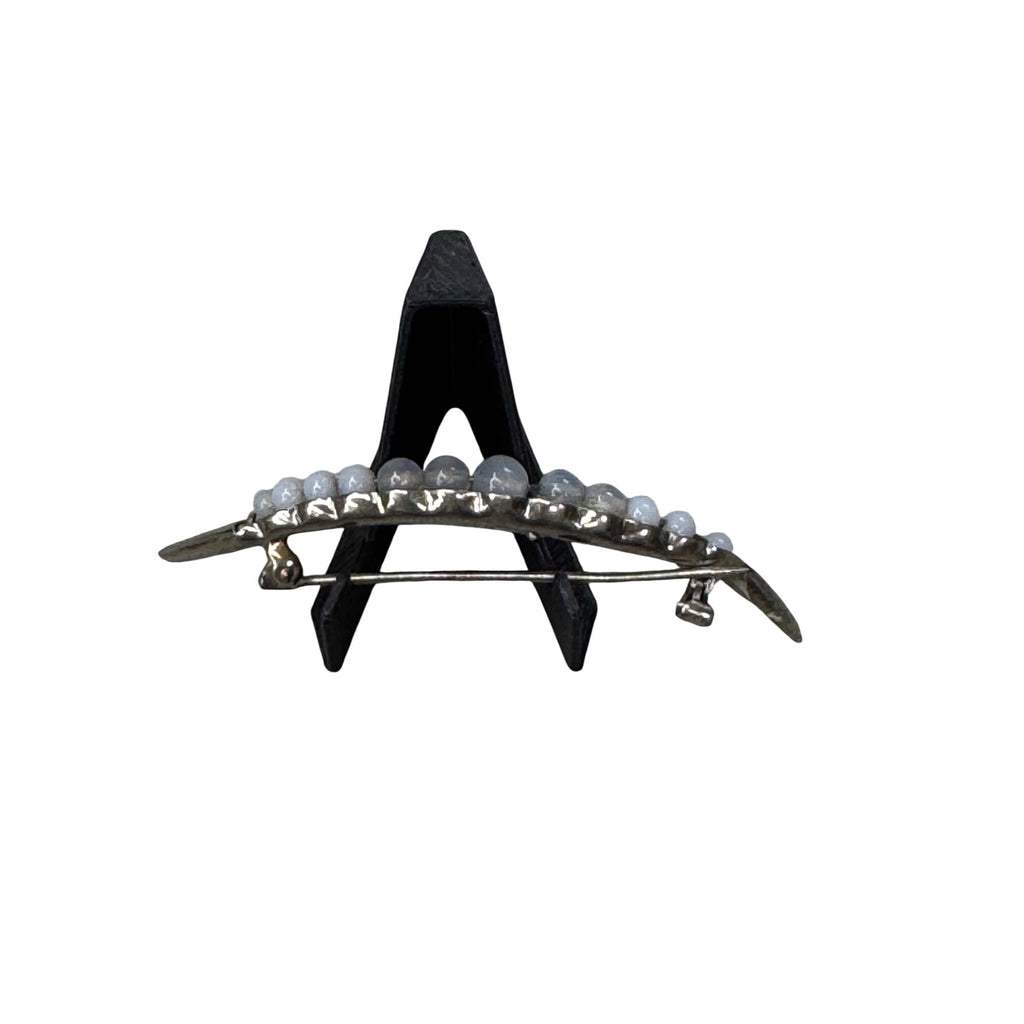 10K White Gold Crescent Moon Pin Brooch White Pearl Beads 1.7 Grams 2"  Vintage