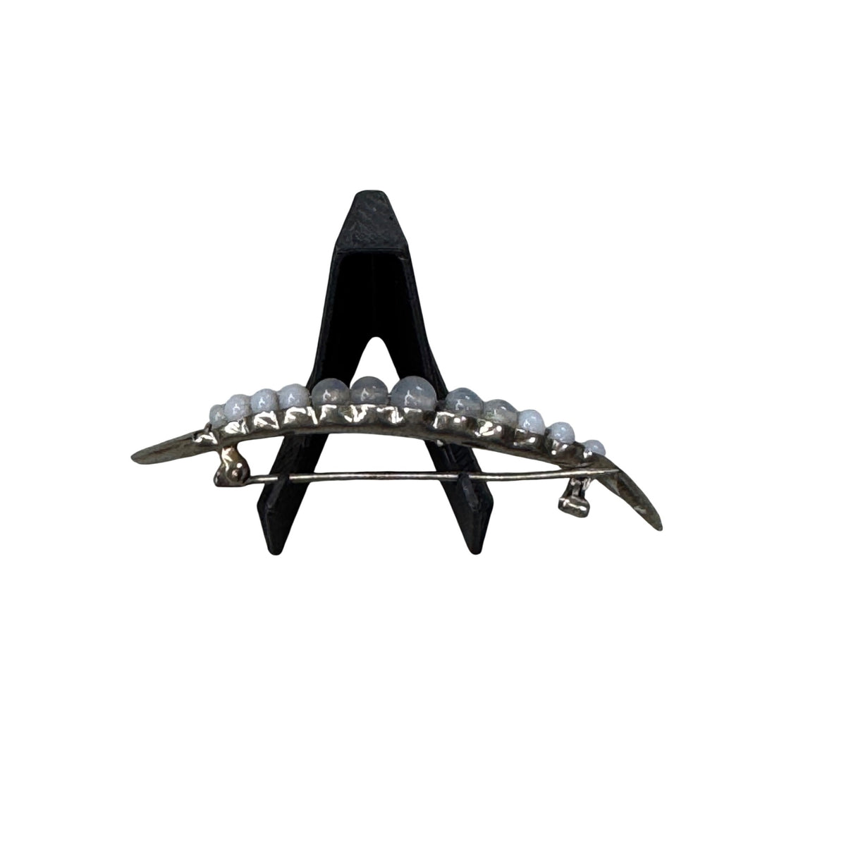 10K White Gold Crescent Moon Pin Brooch White Pearl Beads 1.7 Grams 2"  Vintage