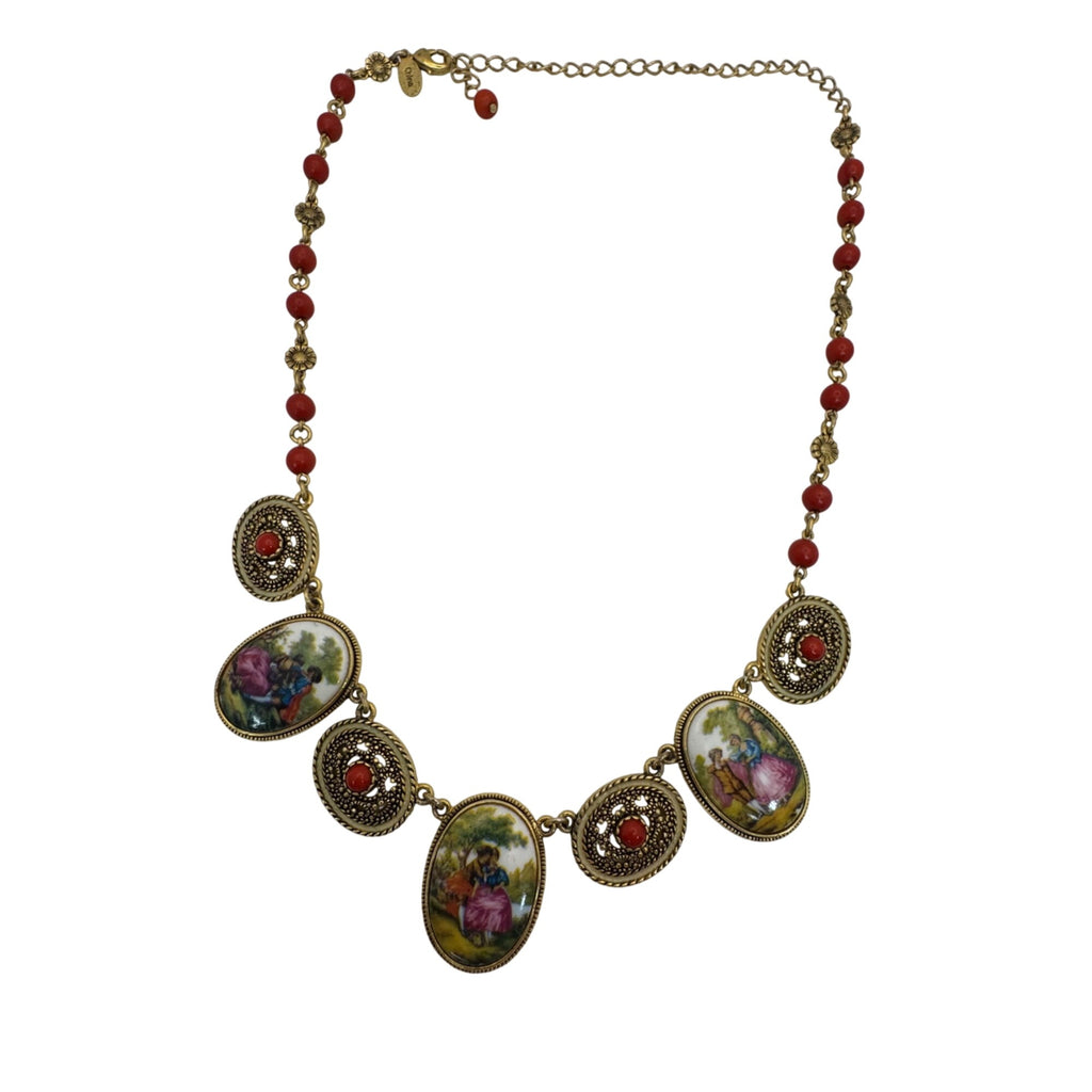 Joan Rivers Antique Gold Tone Cameo Necklace 16” Courting Couple Coral Beads