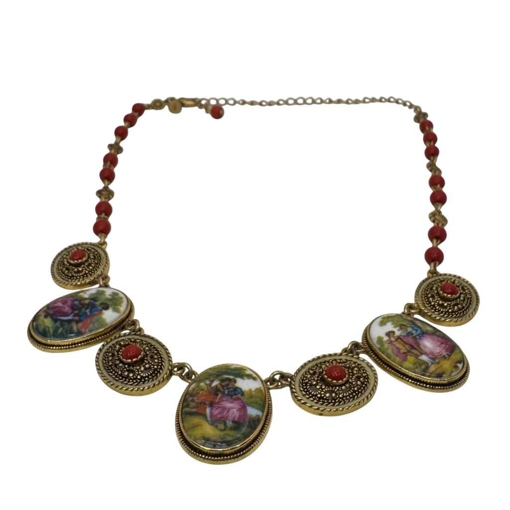Joan Rivers Antique Gold Tone Cameo Necklace 16” Courting Couple Coral Beads