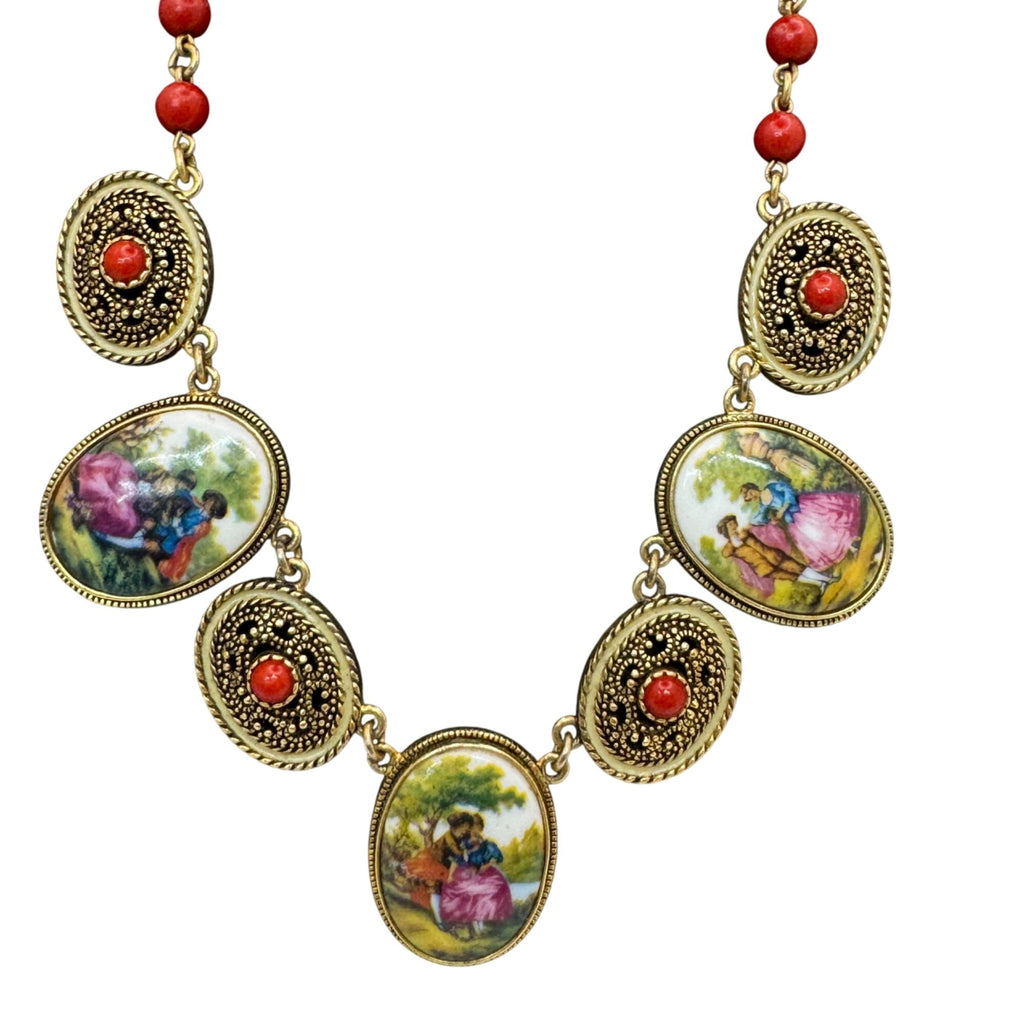 Joan Rivers Antique Gold Tone Cameo Necklace 16” Courting Couple Coral Beads