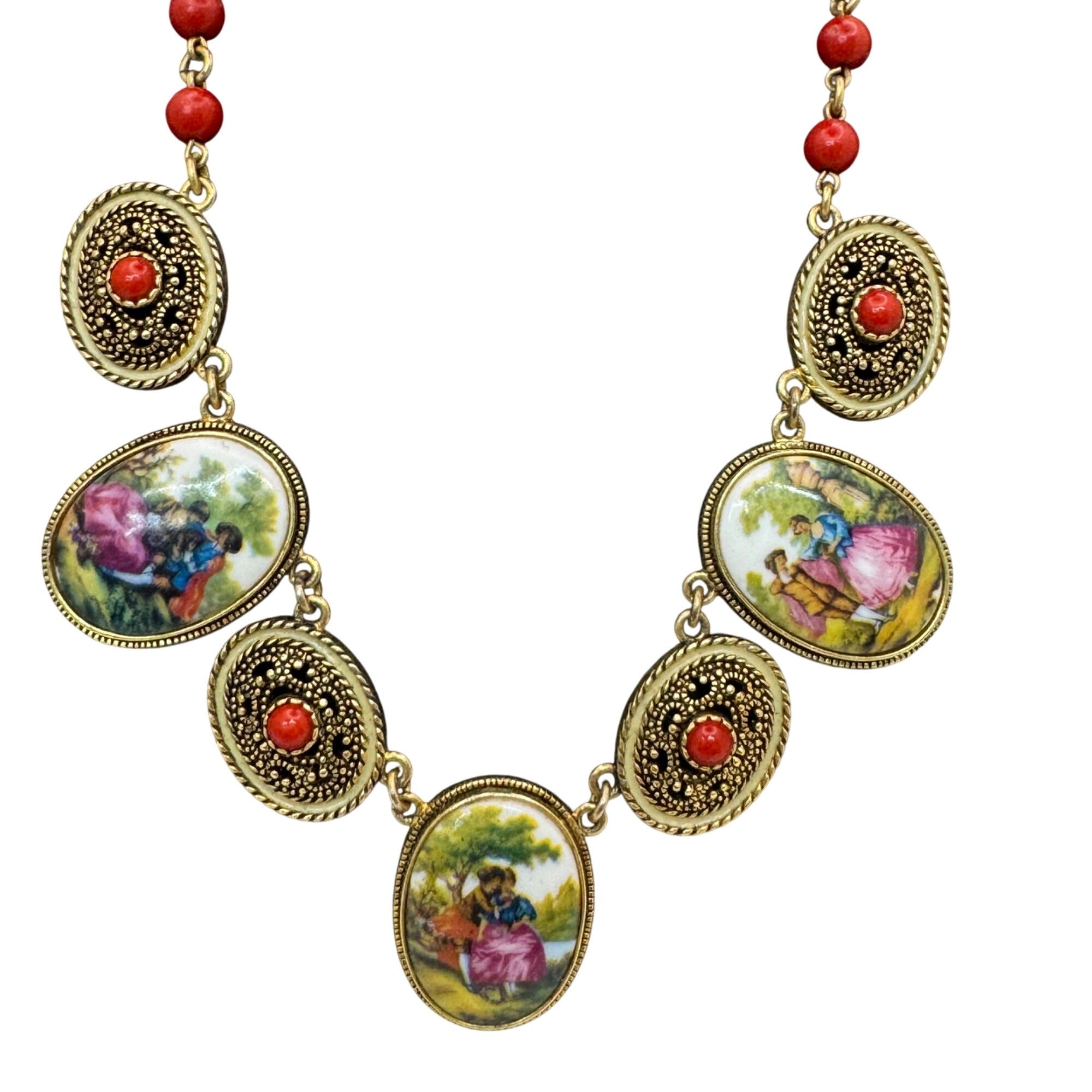 Joan Rivers Antique Gold Tone Cameo Necklace 16” Courting Couple Coral Beads