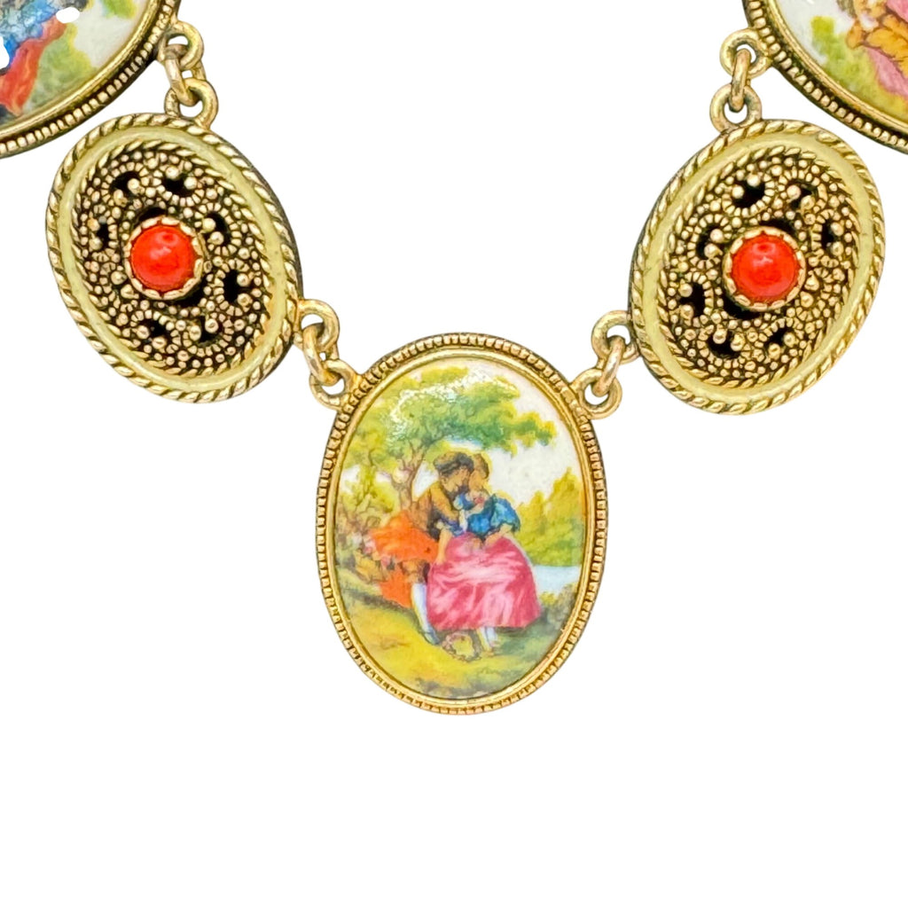 Joan Rivers Antique Gold Tone Cameo Necklace 16” Courting Couple Coral Beads