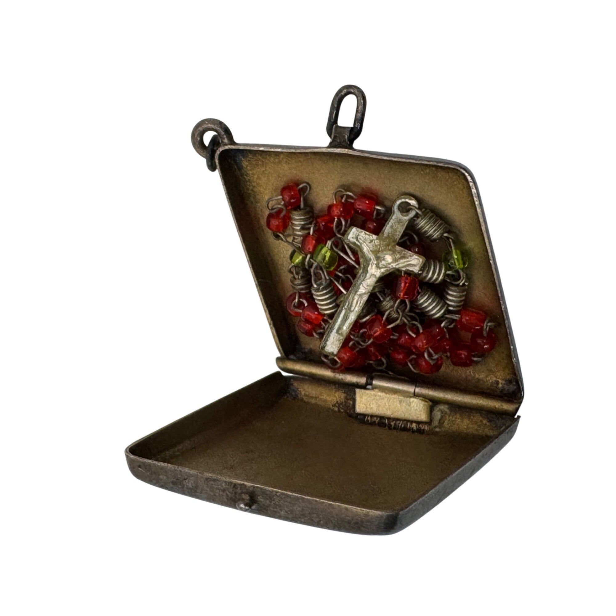 Antique Locket Diamond Shaped Rosary Box Pendant Sterling Silver Red Green Glass