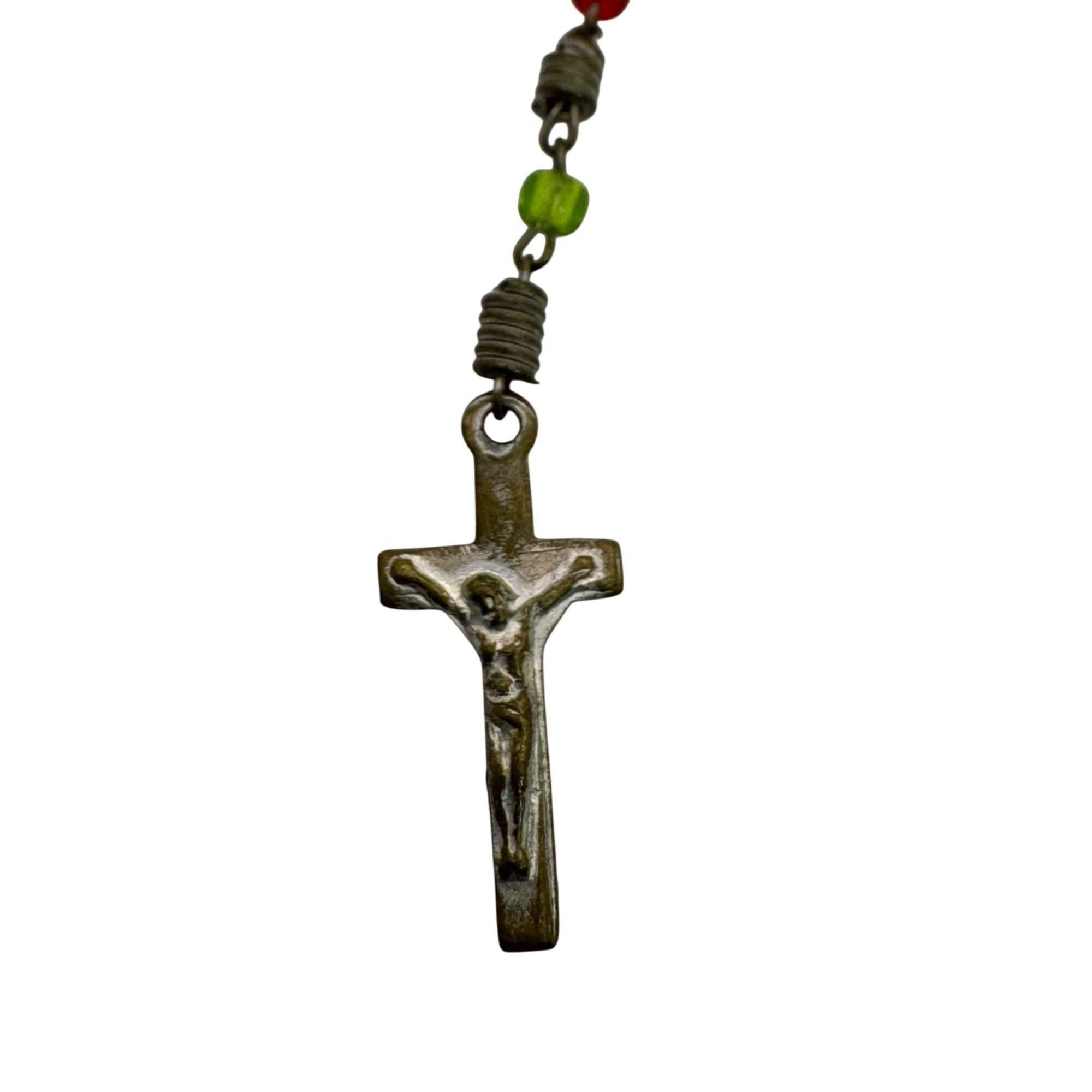 Antique Locket Diamond Shaped Rosary Box Pendant Sterling Silver Red Green Glass