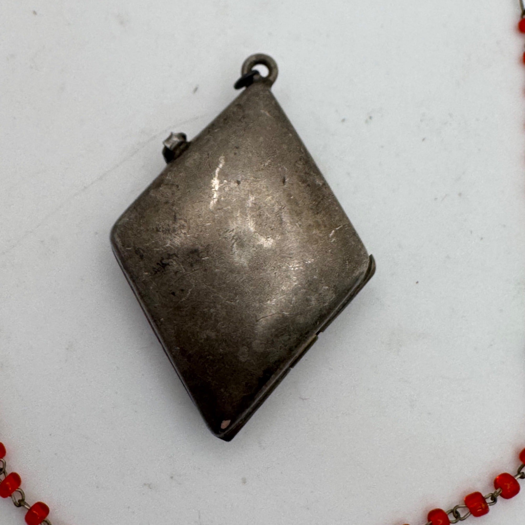 Antique Locket Diamond Shaped Rosary Box Pendant Sterling Silver Red Green Glass