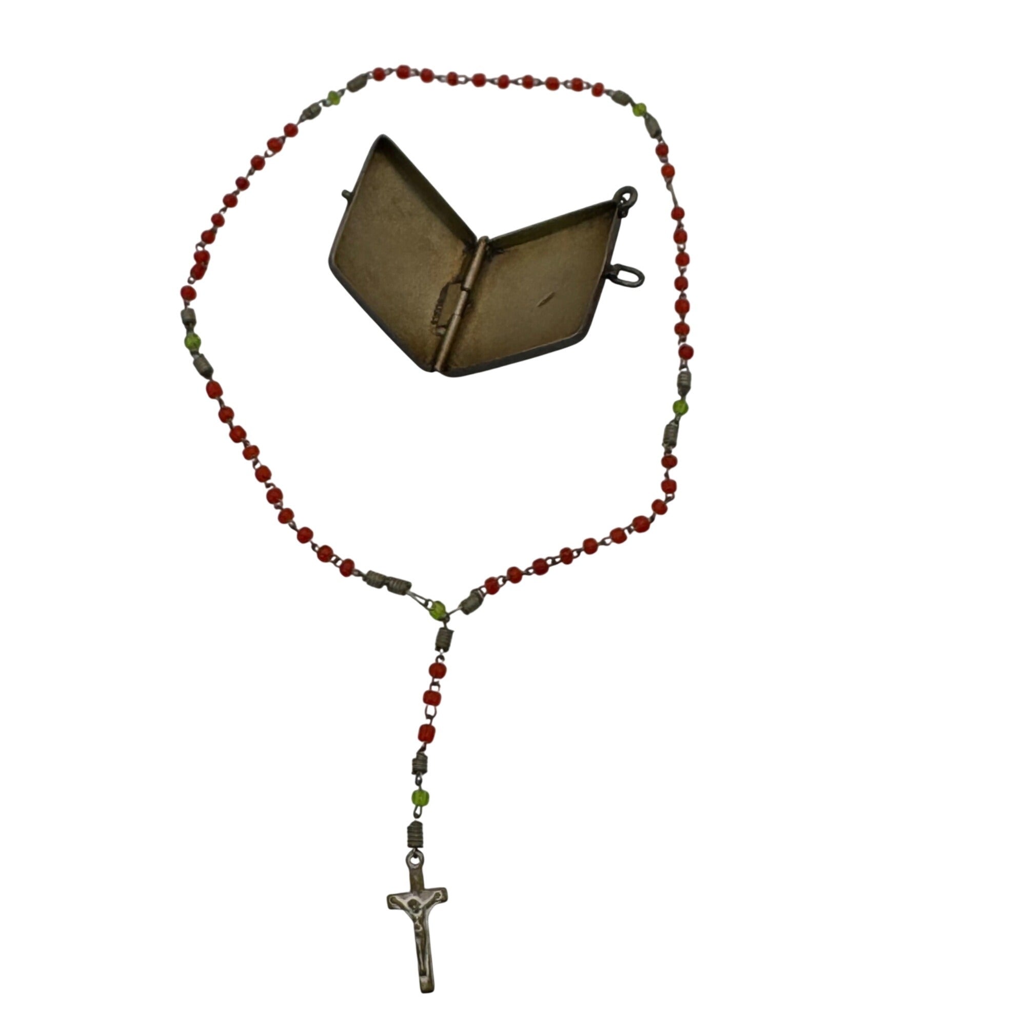 Antique Locket Diamond Shaped Rosary Box Pendant Sterling Silver Red Green Glass