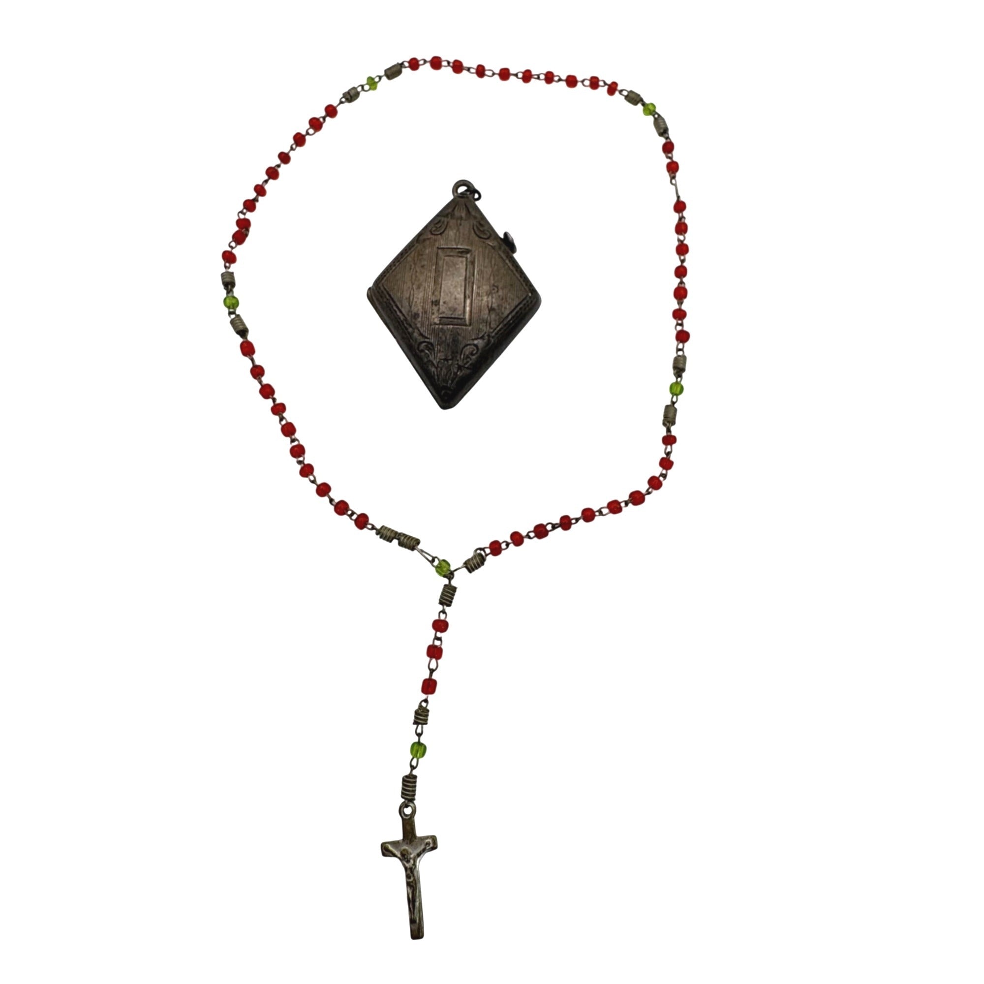 Antique Locket Diamond Shaped Rosary Box Pendant Sterling Silver Red Green Glass
