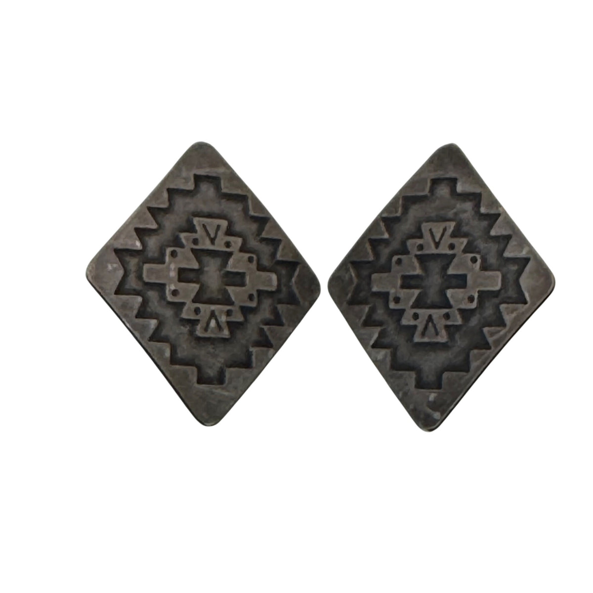 Southwestern Tribal Sterling Silver Square Aztec Signed Clip-On Earrings Vintage