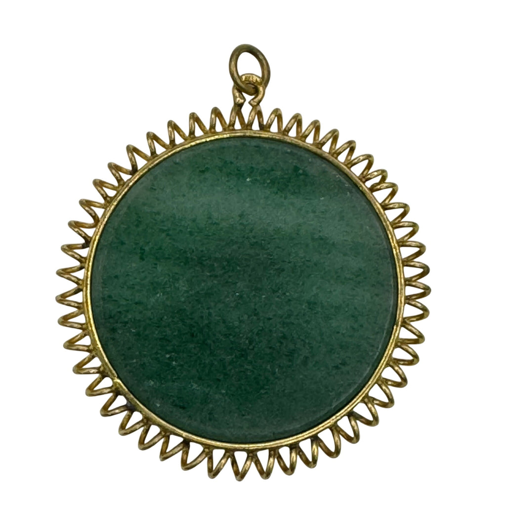 14K Yellow Gold Chinese Good Luck Symbol Green Jade Medallion Pendant 2" Vintage