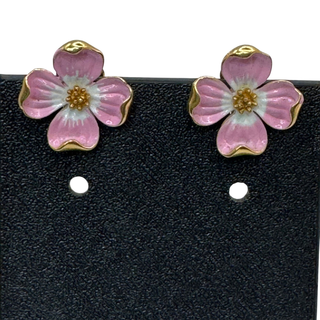 Vintage Trifari Pink Enamel Dogwood Flower Clip-On Earrings Gold Tone Floral