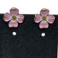 Vintage Trifari Pink Enamel Dogwood Flower Clip-On Earrings Gold Tone Floral