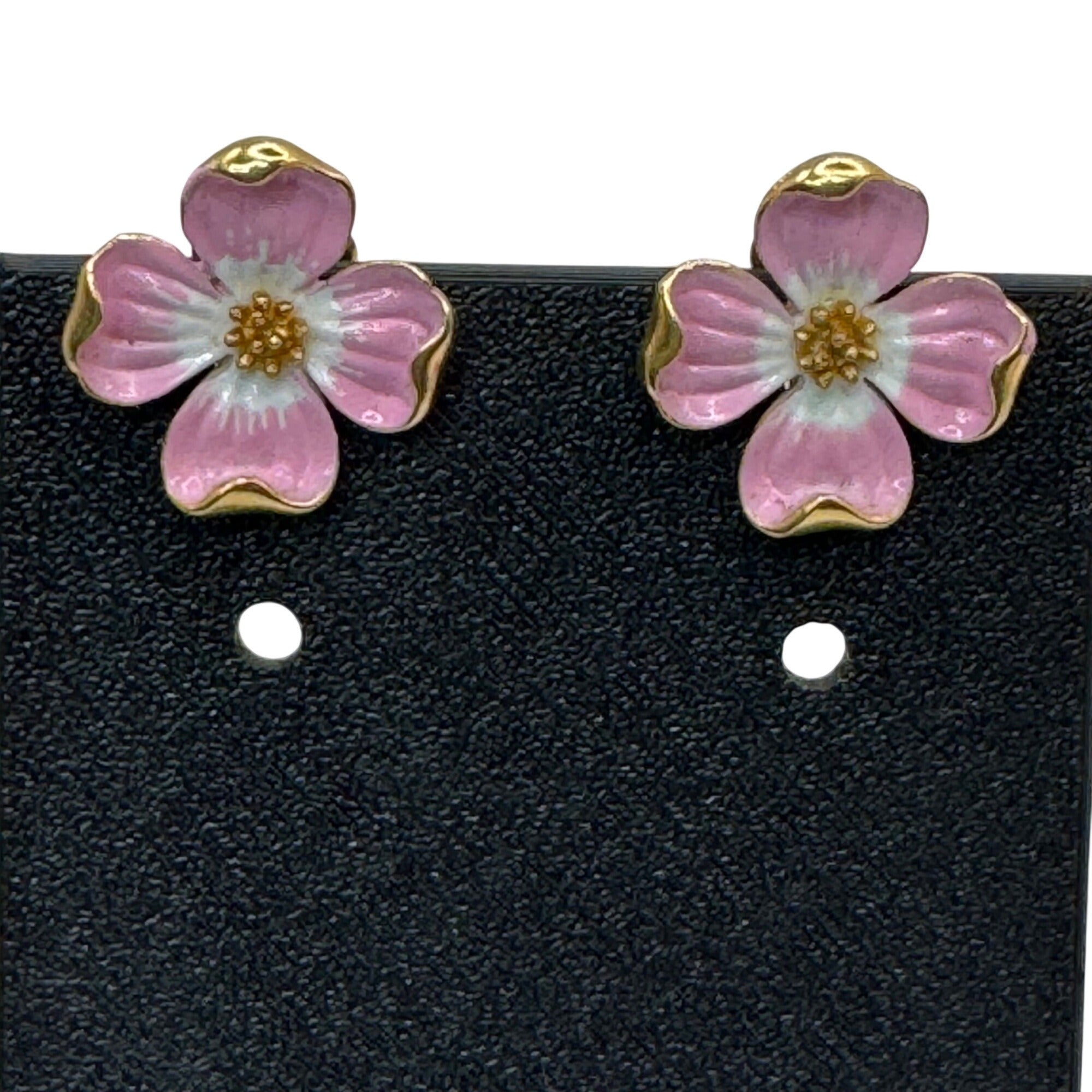 Vintage Trifari Pink Enamel Dogwood Flower Clip-On Earrings Gold Tone Floral