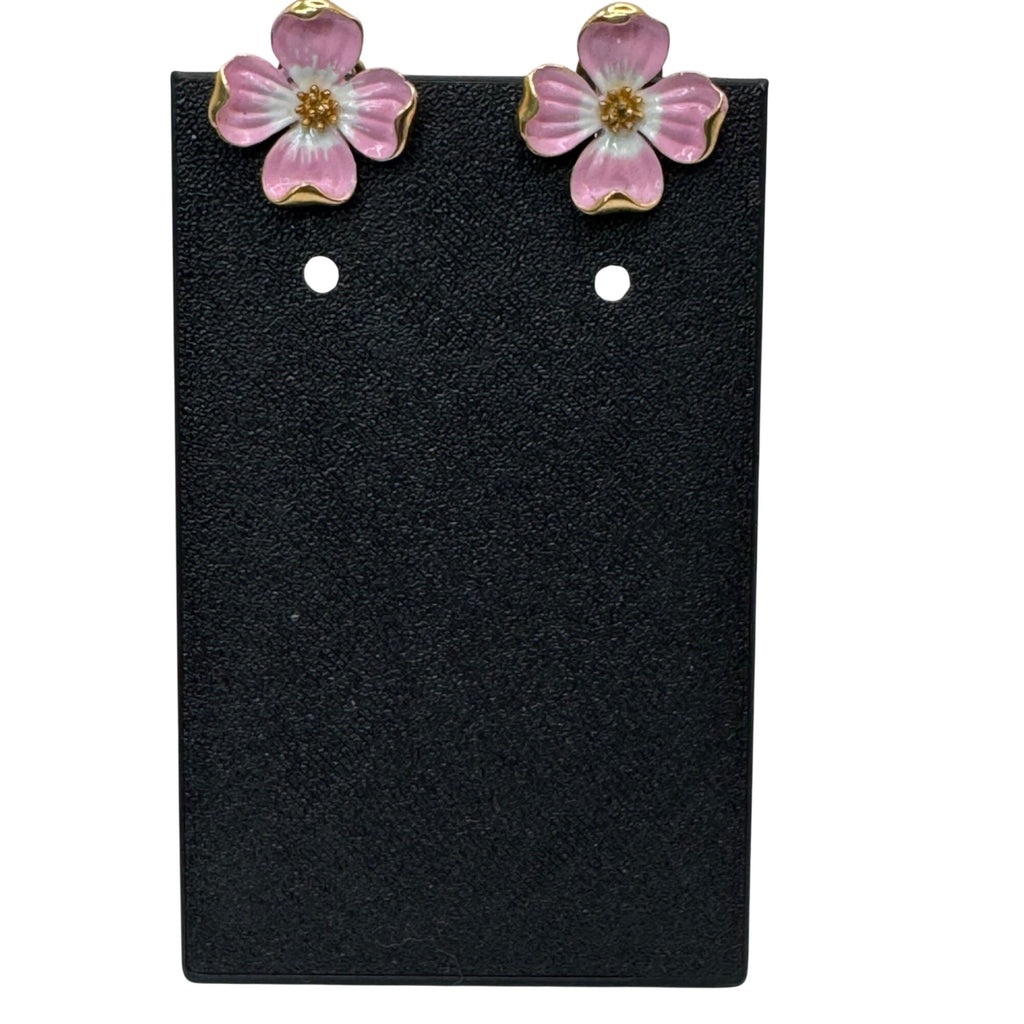 Vintage Trifari Pink Enamel Dogwood Flower Clip-On Earrings Gold Tone Floral