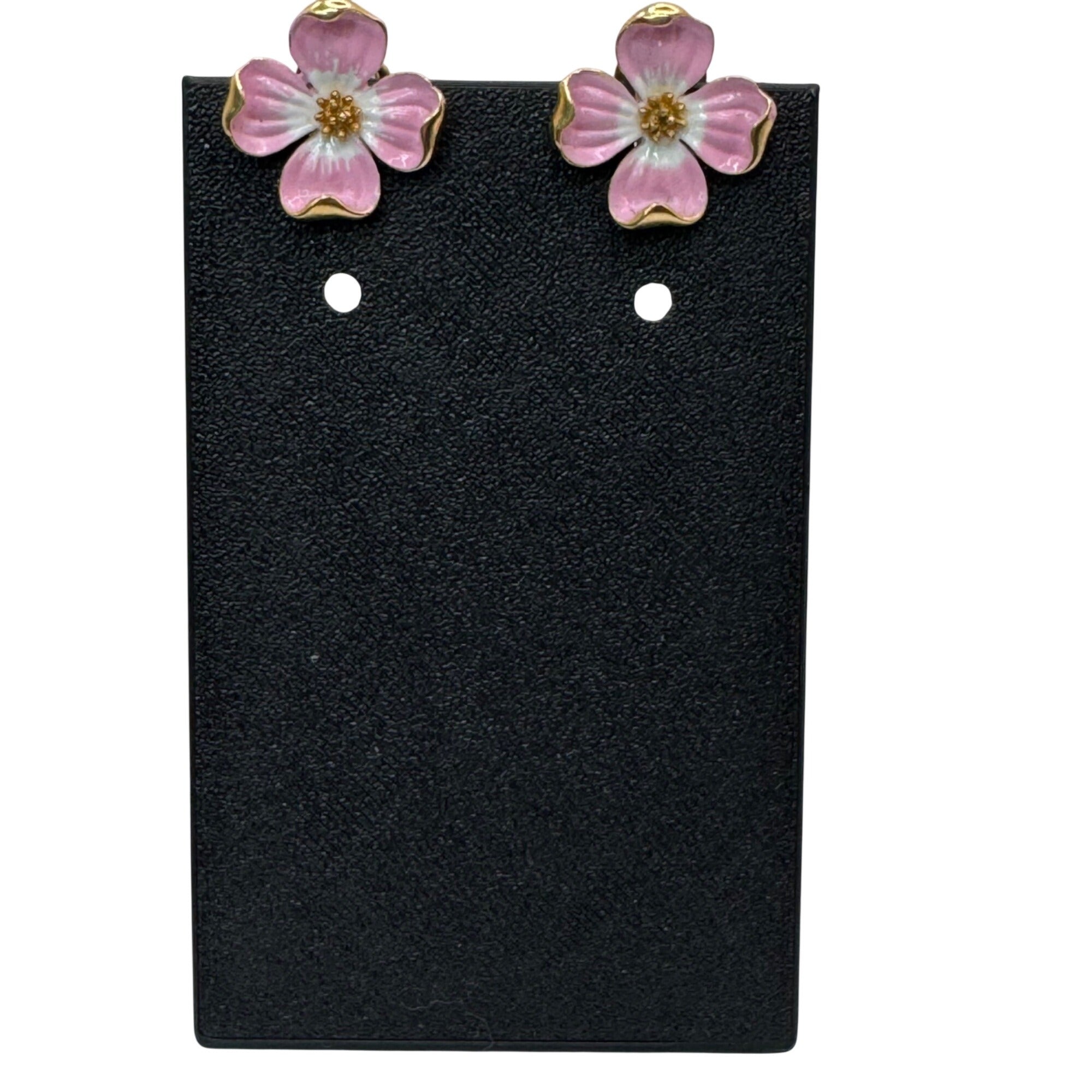 Vintage Trifari Pink Enamel Dogwood Flower Clip-On Earrings Gold Tone Floral