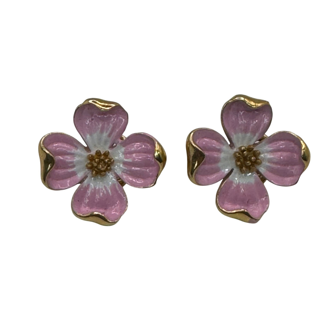 Vintage Trifari Pink Enamel Dogwood Flower Clip-On Earrings Gold Tone Floral