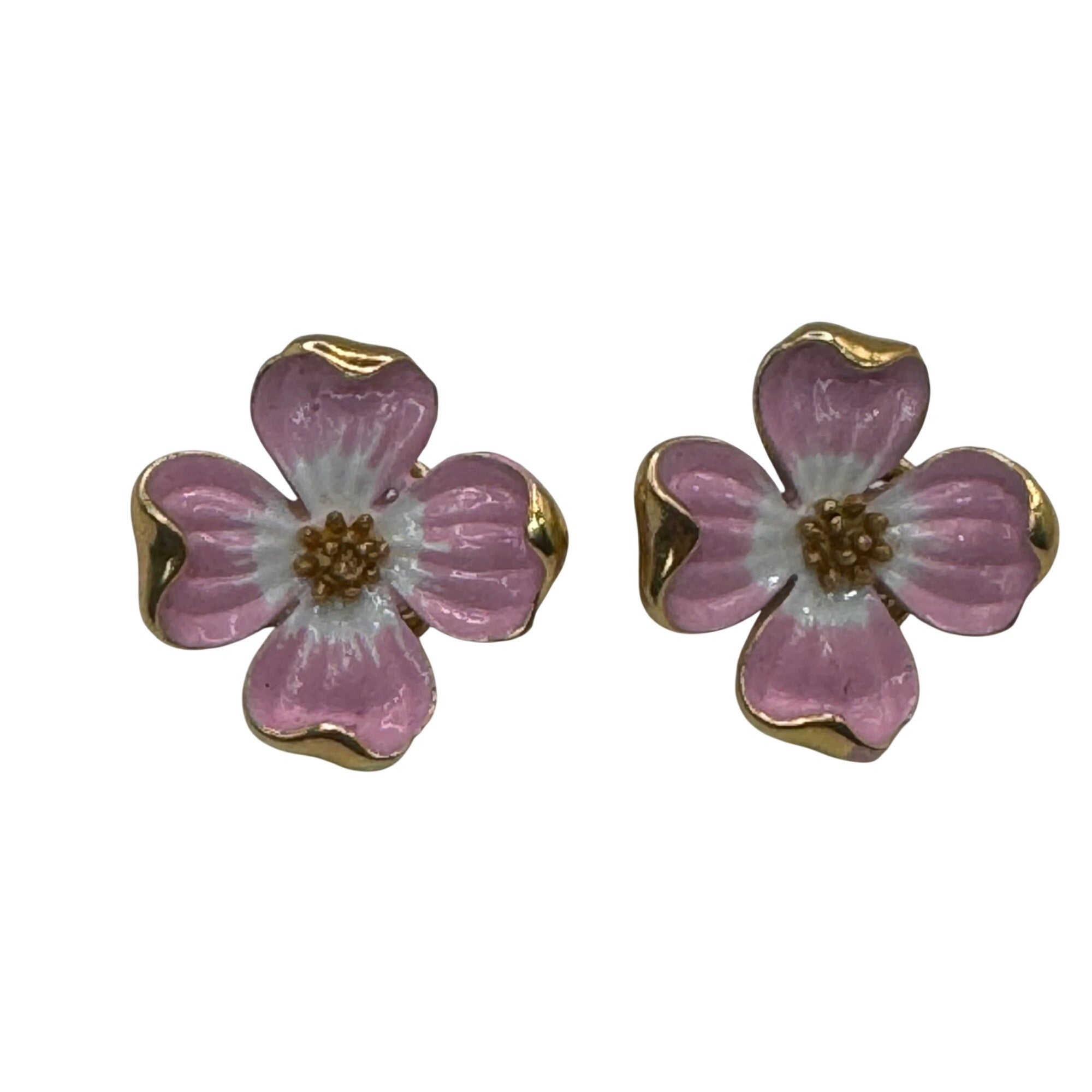 Vintage Trifari Pink Enamel Dogwood Flower Clip-On Earrings Gold Tone Floral