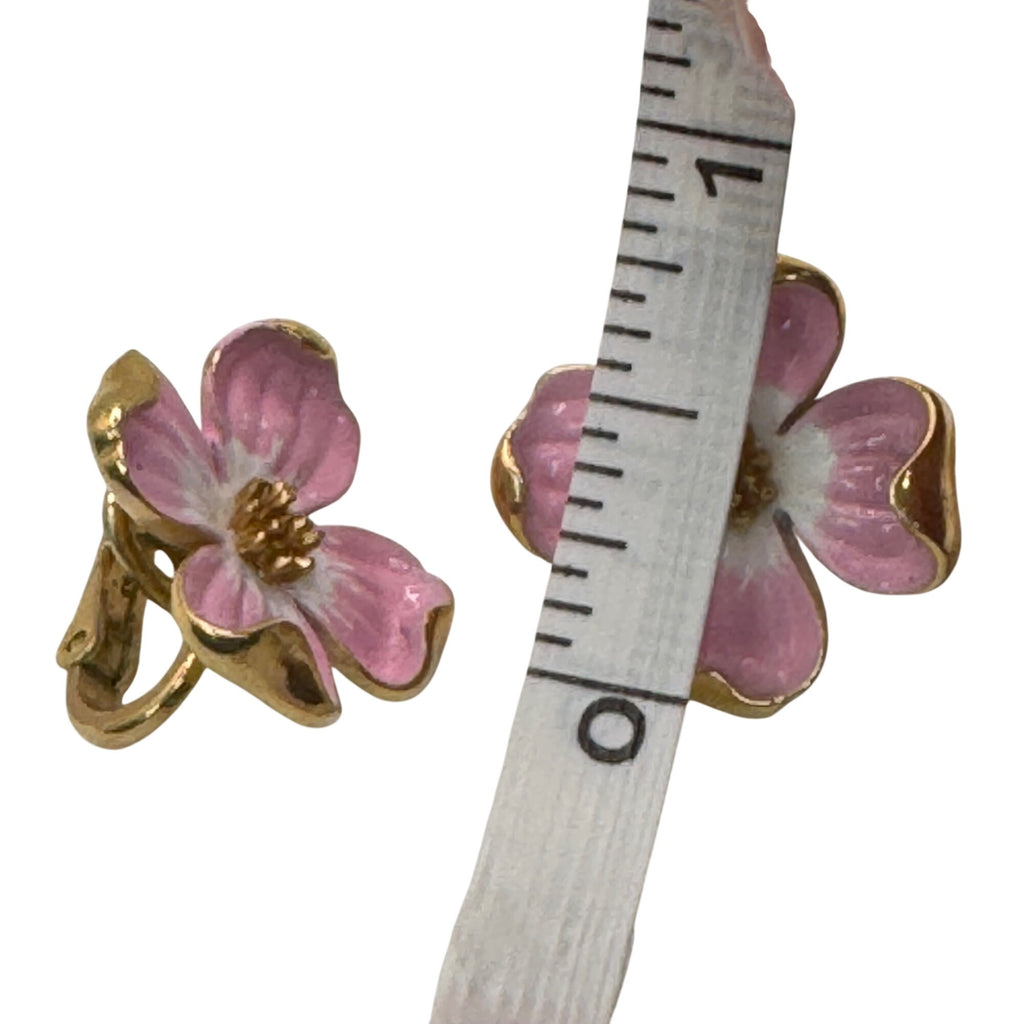 Vintage Trifari Pink Enamel Dogwood Flower Clip-On Earrings Gold Tone Floral