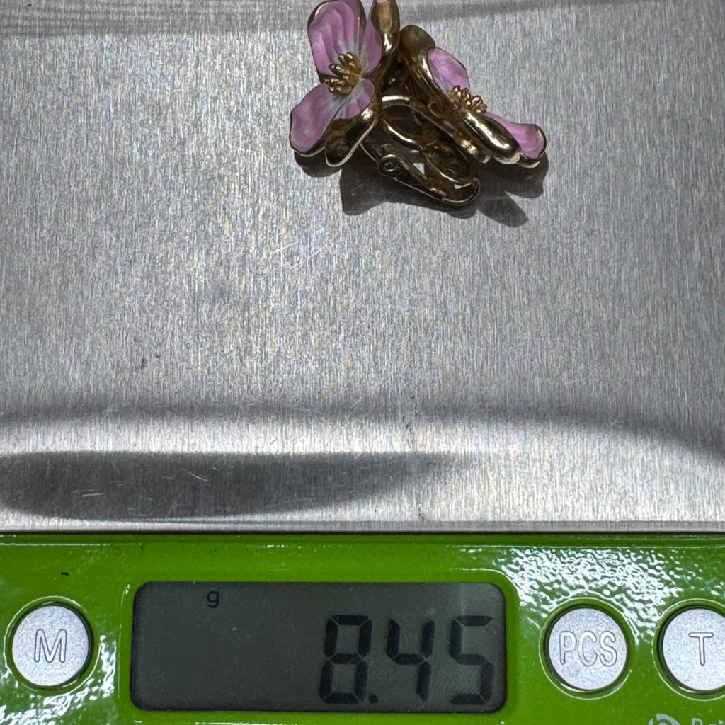 Vintage Trifari Pink Enamel Dogwood Flower Clip-On Earrings Gold Tone Floral