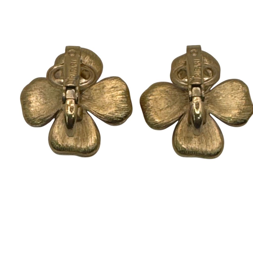 Vintage Trifari Pink Enamel Dogwood Flower Clip-On Earrings Gold Tone Floral