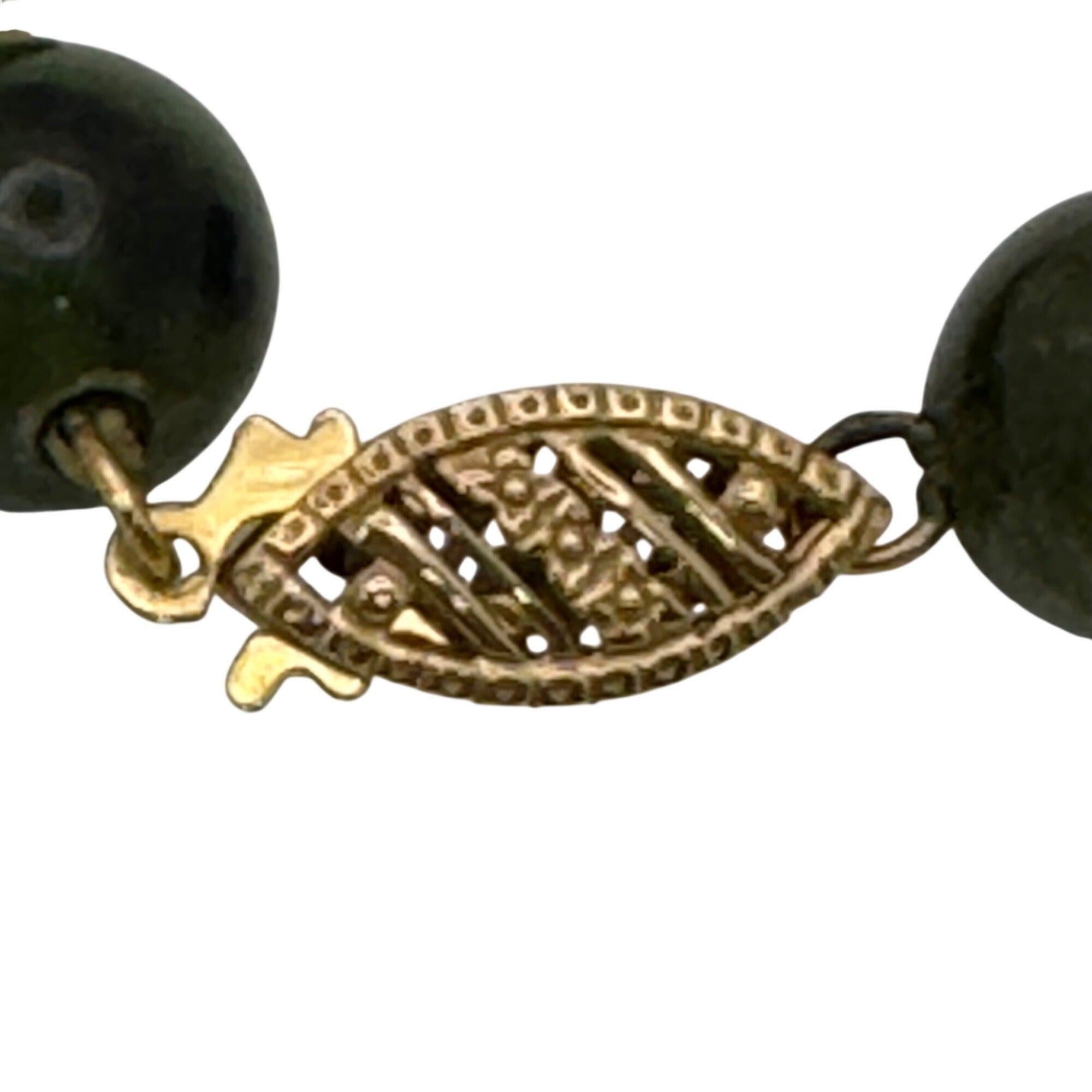 Dark Green Jade Beaded Necklace Double Knotted 14K Gold Clasp 32 Elegant Vintage