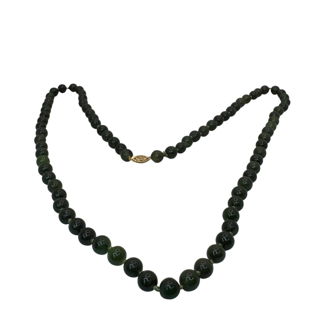 Dark Green Jade Beaded Necklace Double Knotted 14K Gold Clasp 32 Elegant Vintage
